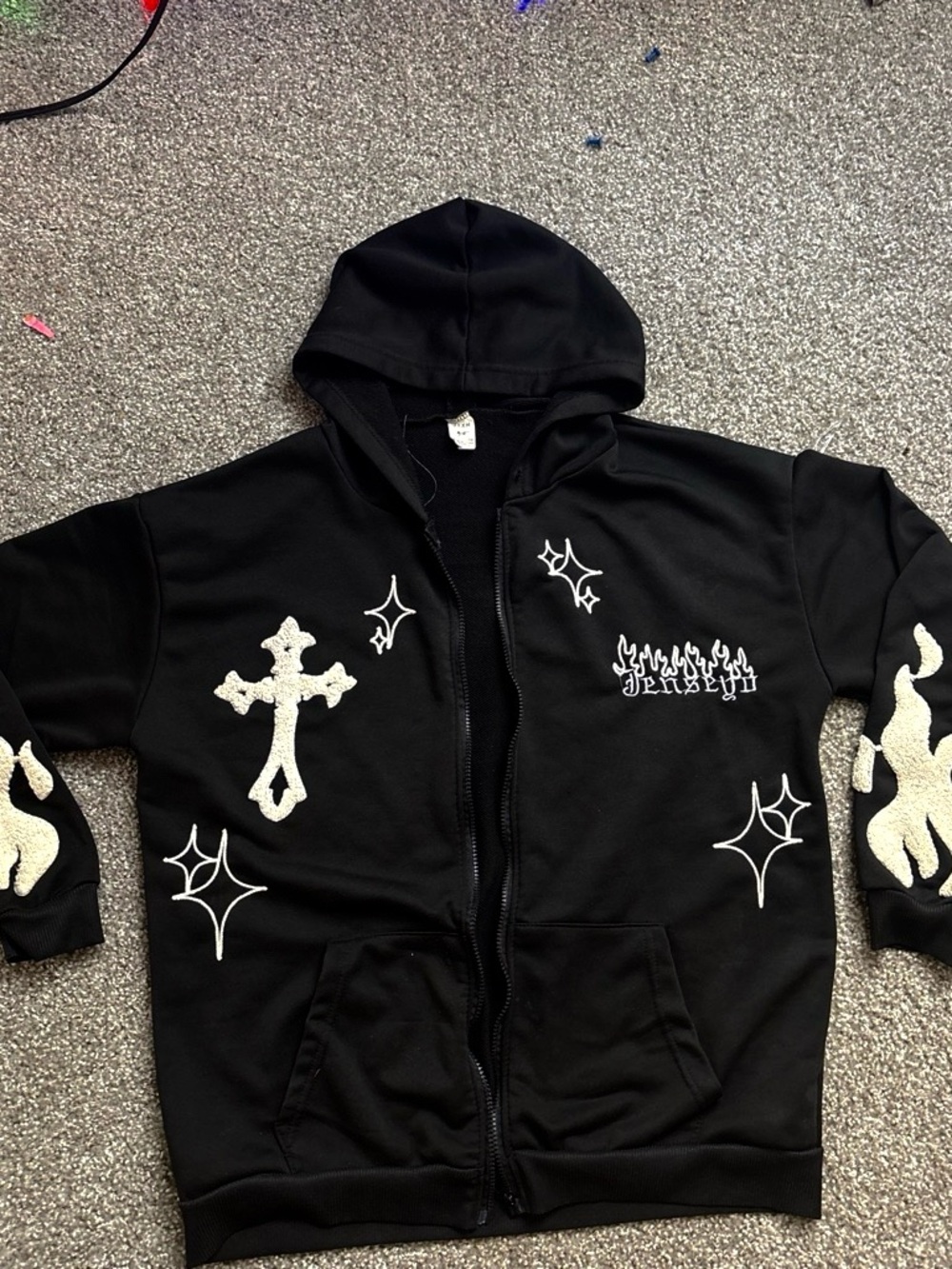 Black Kids Hoodie Jacket with White Cross & Flame Appliqués